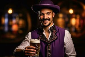 Young man in traditional German clothes with beer on solid purple background photo