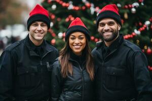 equipo de policía oficiales analistas en Navidad foto en Papa Noel sombrero