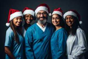 equipo de veterinario analistas en Navidad foto en Papa Noel sombrero