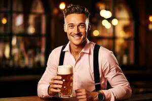 Young man in traditional German clothes with beer on solid pink background photo