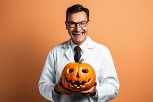 Environmental Scientist with a Halloween pumpkin on a solid background with empty space for text photo
