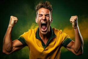 Australian football fan celebrating a victory on green and gold background with empty space for text photo