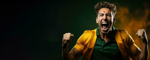 Australian football fan celebrating a victory on green and gold background with empty space for text photo