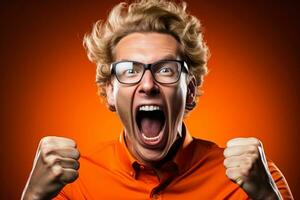 Danish football fan celebrating a victory on red and white background with empty space for text photo