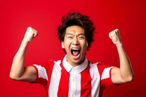 Japanese football fan celebrating a victory on red and white background with empty space for text photo