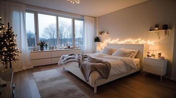 Bedroom of a beautiful bright modern style house. AI Generated. photo