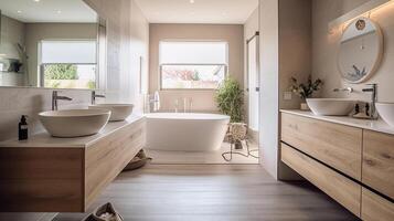 The Bathroom of a beautiful bright modern style house. AI Generated. photo