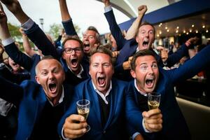 Golf enthusiasts celebrating a Ryder Cup win photo