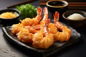 de cerca parte superior ver de ingredientes gamba tempura, japonés alimento. ai generado. foto