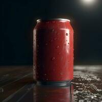 red soda can with water drops on a wooden table. 3d rendering photo