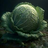 Cabbage with drops of water on a dark background. 3d rendering photo