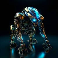 3D rendering of a robot isolated on black background with reflective surface photo