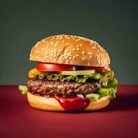 Big hamburger with beef  tomato  lettuce and cheese on red background photo