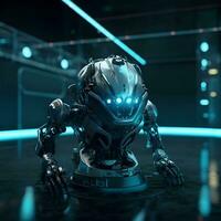 3d representación humanoide robot en oscuro antecedentes con azul ligero y reflexiones foto