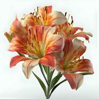 Flower bouquet of red and yellow lilies isolated on white background photo