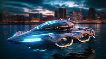 Hover-ship of a beautiful Transportation with futuristic design. . photo
