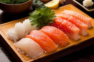 Close-up top view of ingredients Sashimi SET, Salmon, Tuna, Japanese food. AI Generated. photo