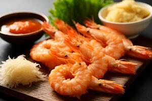 Close-up top view of ingredients Prawn Tempura, Japanese food. . photo
