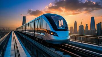 Sky-train of a beautiful Transportation with futuristic design. AI Generated. photo