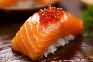 Sushi with salmon on the plate, Japanese food. AI Generated., Japanese food. AI Generated. photo