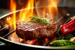 Close-up top view of ingredients Filet Mignon Steak on a table. AI Generated. photo