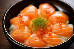 de cerca parte superior ver de ingredientes Sushi con salmón, japonés alimento. ai generado. foto
