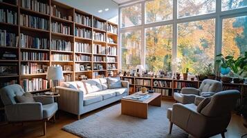 The library room of a beautiful bright modern style house. AI Generated. photo