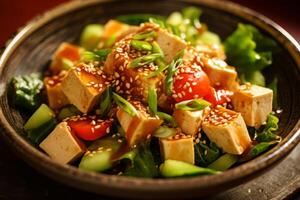 Close-up top view of ingredients Tofu Salad, Japanese food. . photo