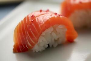 Sushi with salmon on the plate, Japanese food. AI Generated., Japanese food. AI Generated. photo