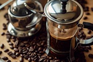 Close-up top view of ingredients French press, Coffee. AI Generated. photo