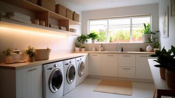 The Laundry room of a beautiful bright modern style house. AI Generated. photo