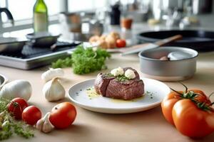 Close-up top view of ingredients Filet Mignon Steak on a table. AI Generated. photo