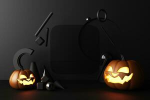 happy halloween promotional banner for party invitation background with halloween pumpkins glowing in the dark ready to place the product Geometric shape on a dark black background. 3d rendering photo