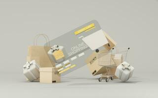 Credit card or cash card in the concept of online shopping and the future world of card spending. Without cash and shopping from home in the form of 3D cartoon renderings photo