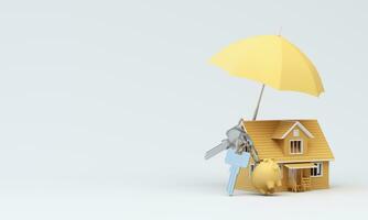 3d imagen diseño, representación, antecedentes para el concepto de seguro anuncios, casas y residencial edificios con amarillo paraguas foto