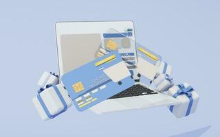 Credit card or cash card in the concept of online shopping and the future world of card spending. Without cash and shopping from home in the form of 3D cartoon renderings photo