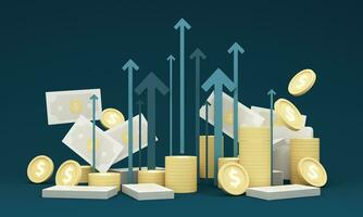 business growth arrow up digital on blue dark background. investment graph technology circuit to success. financial data technology strategy. market chart profit money and digital coin. 3d render photo