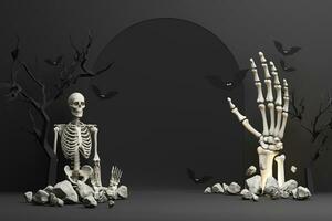 Happy Halloween banner or party invitation. orange theme product display podium on background with group of bat and Jack O Lantern pumpkin and hand skeleton with skull. 3d rendering illustration photo