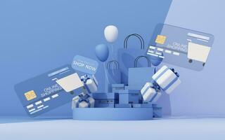 Credit card or cash card in the concept of online shopping and the future world of card spending. Without cash and shopping from home in the form of 3D cartoon renderings photo