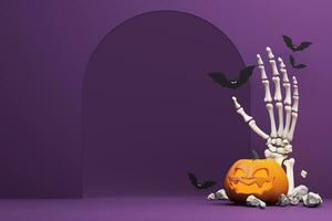 Happy Halloween banner or party invitation. orange theme product display podium on background with group of bat and Jack O Lantern pumpkin and hand skeleton with skull. 3d rendering illustration photo