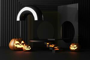 happy halloween promotional banner for party invitation background with halloween pumpkins glowing in the dark ready to place the product Geometric shape on a dark black background. 3d rendering photo