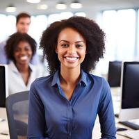 Empowered and Independent A Smiling Woman Thriving in a Luxurious Office Fueled by Hard Work and Autonomy photo