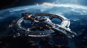 spaceship next generation robotic spaceship leaving the earth futuristic robot satellite technology space exploration space travel outer space spacecraft futuristic science fiction photo
