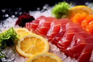 Close-up top view of ingredients Sashimi SET, Salmon, Tuna, Japanese food. AI Generated. photo