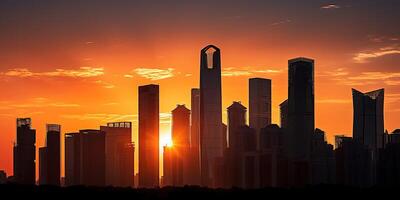 Silhouette of Vibrant City Skyline at Sunset - Urban Scenery with Dramatic Panoramic View, photo