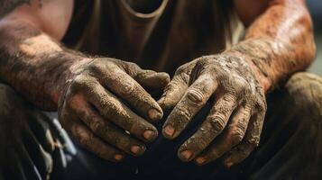 a worker's hands, covered in dirt and grease, showcasing the hard work and dedication that goes into their craft, photo
