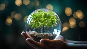 a person's hands holding a globe with tree saplings growing, photo