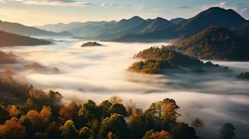 An enchanting autumn landscape with foggy mountains and vibrant foliage, captured during sunrise, AI Generated photo