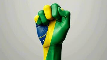 realista manos con pintura el bandera de Brasil en 3d prestar, ai generado foto