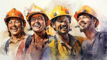 A close - up watercolor portrait of a group of workmen, focusing on their expressions and body language, photo